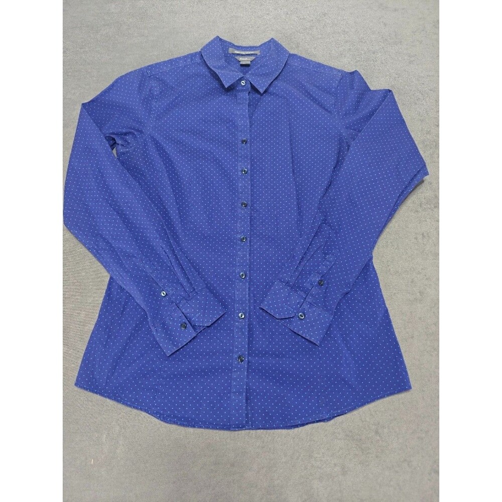 Eddie Bauer Womens Medium Blue Polka Dot Button Down Shirt Wrinkle Free Stretch